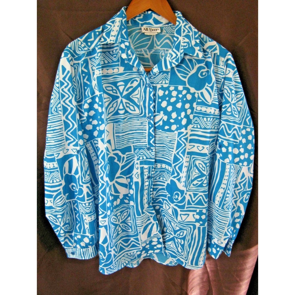 VTG 70's All Hours Blouse Size Medium Blue Print Big Shirt Roll Tab Sleeve